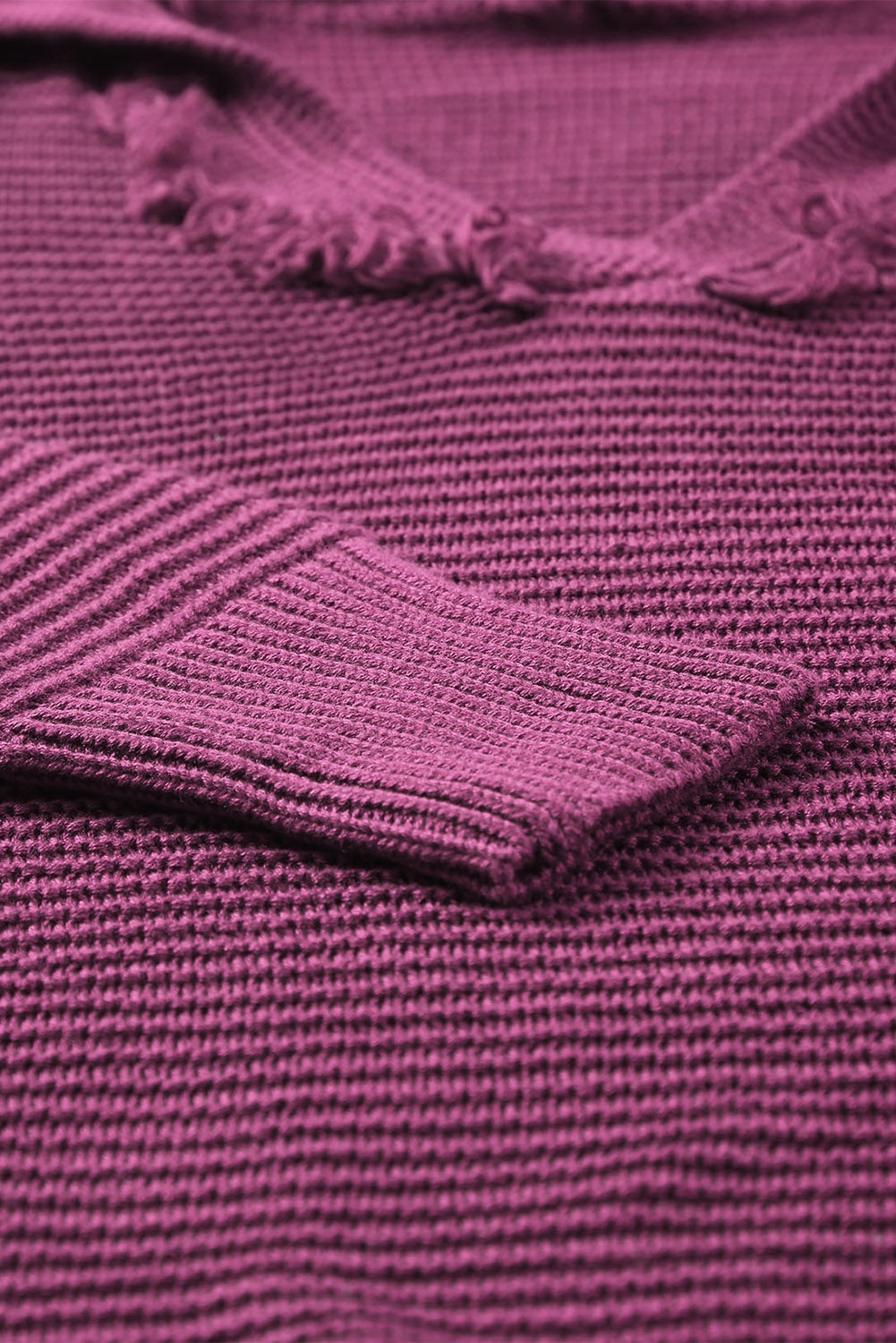 Woven Right Horizontal Ribbing Fringe Trim Hooded Sweater - felvior