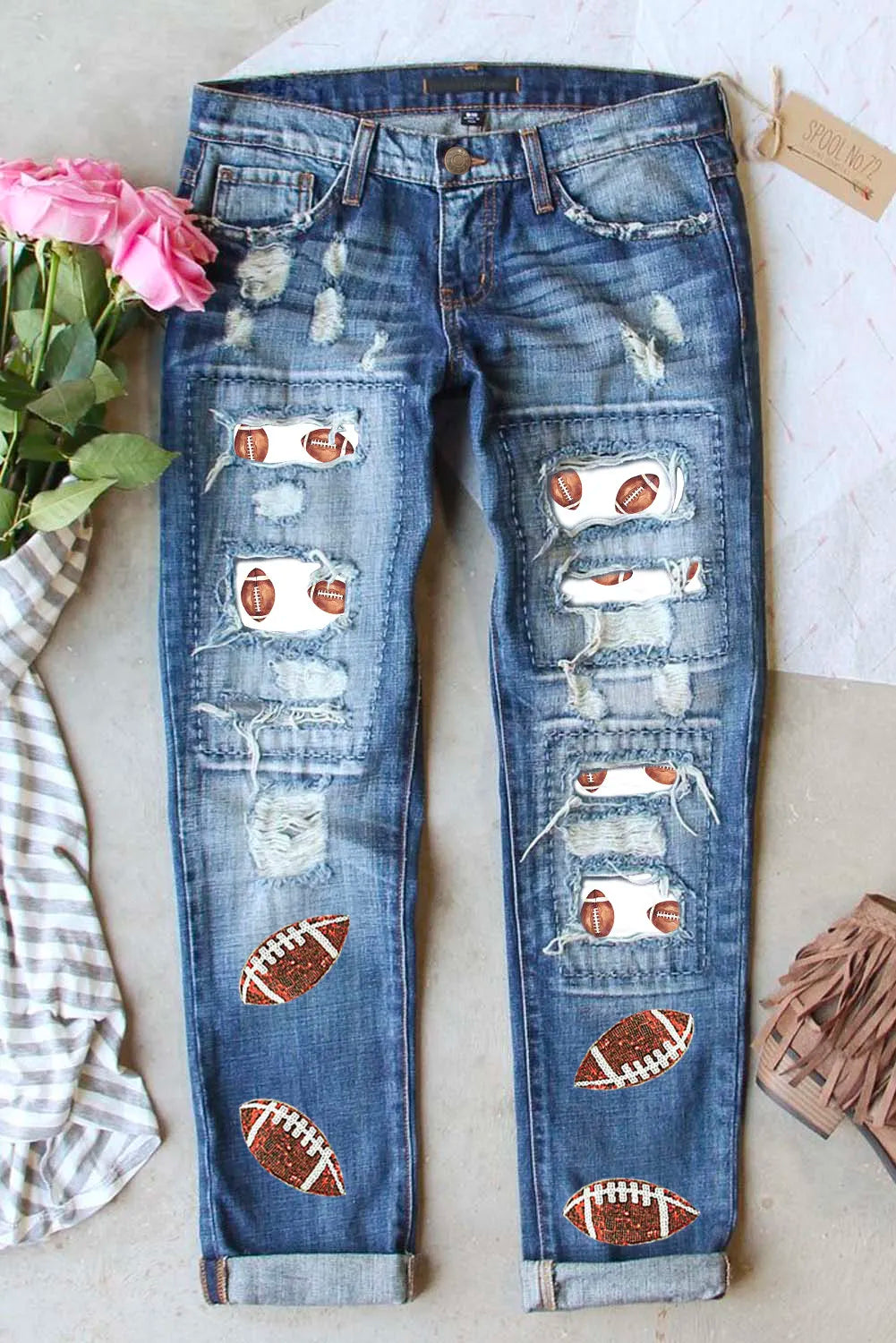 Distressed Football Straight Jeans - felvior