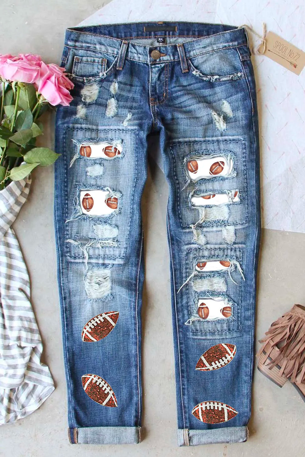 Distressed Football Straight Jeans - felvior