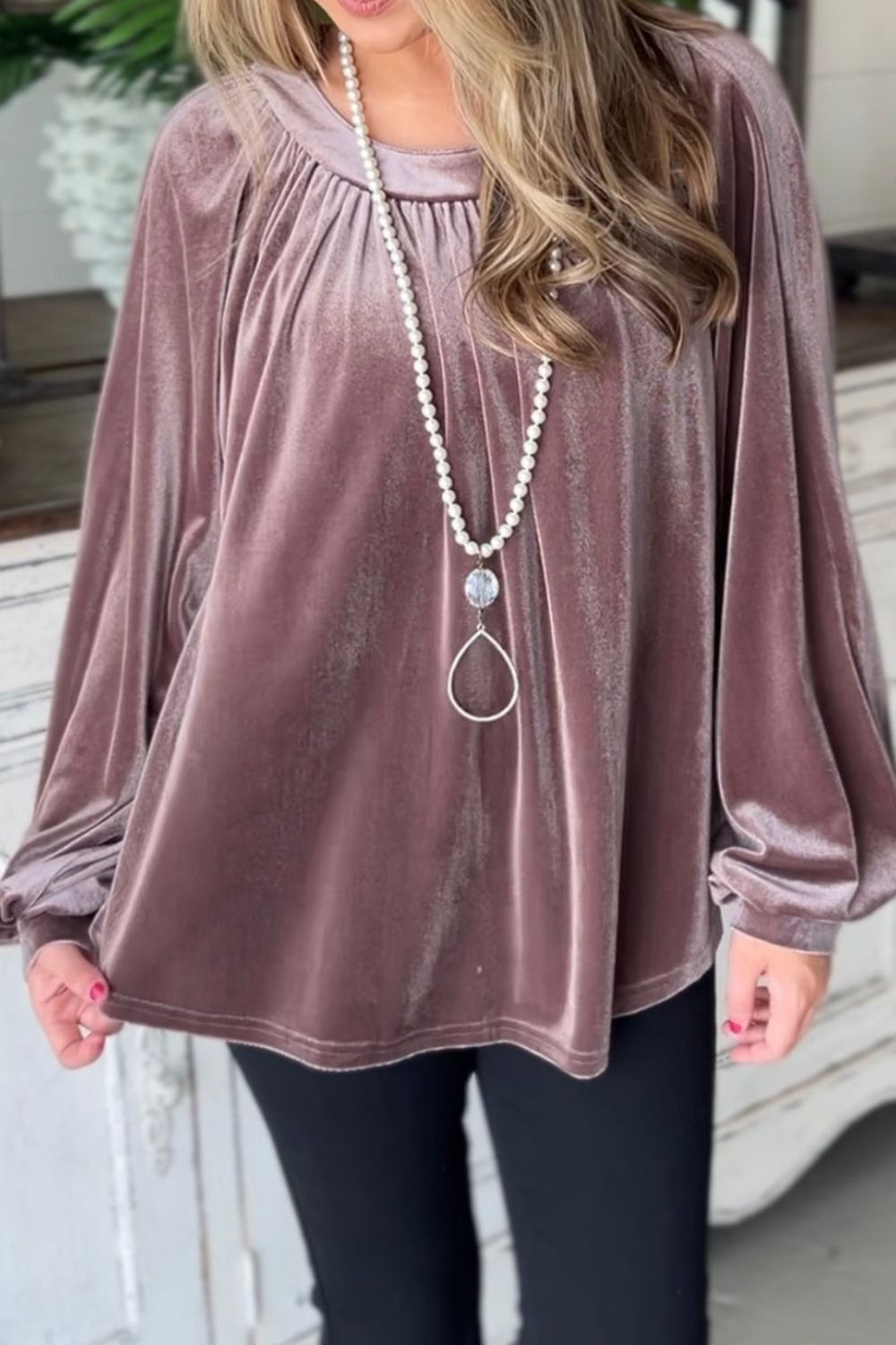Ruched Round Neck Raglan Sleeve Blouse - felvior