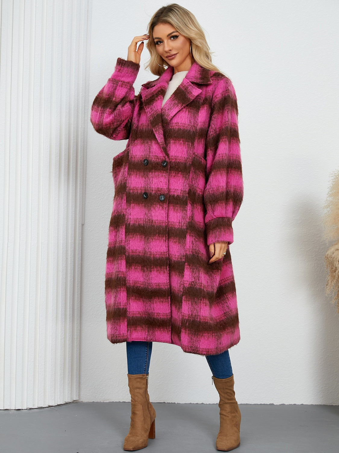 Contrast Double-Breasted Long Sleeve Longline Coat - felvior