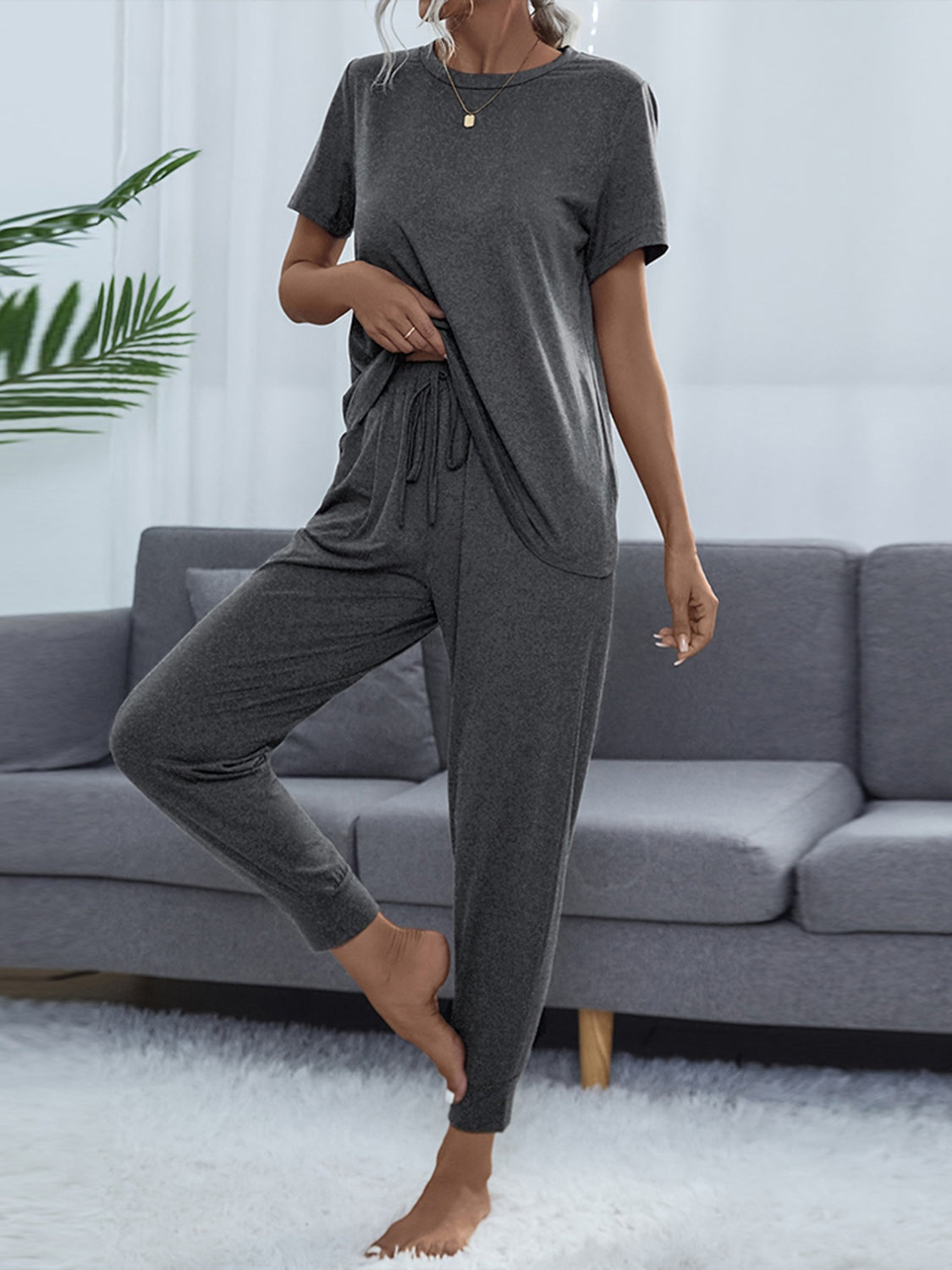 Shiny Round Neck Short Sleeve Top and Pants Set - felvior