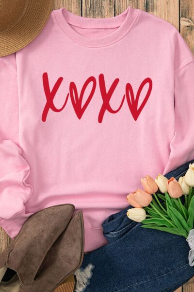 Valentine’s Day XOXO Round Neck Drop Shoulder Sweatshirt - felvior