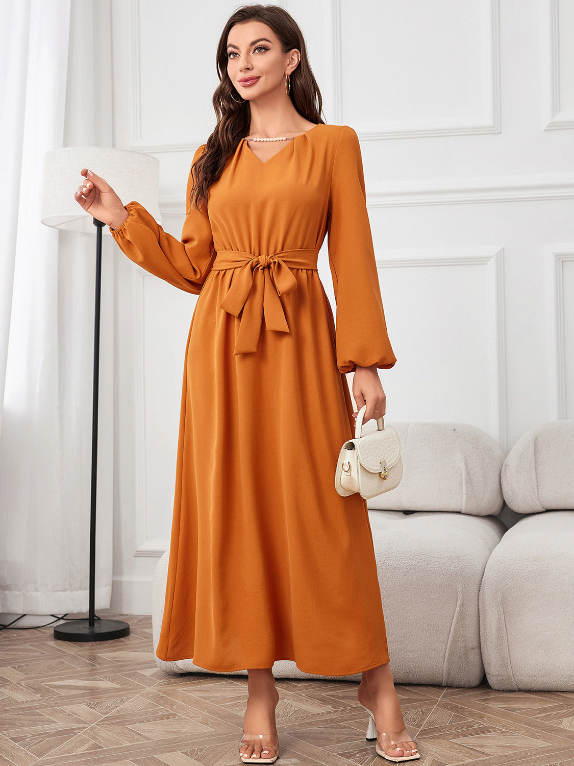 Tie Waist Puff Sleeve Maxi Dress - felvior