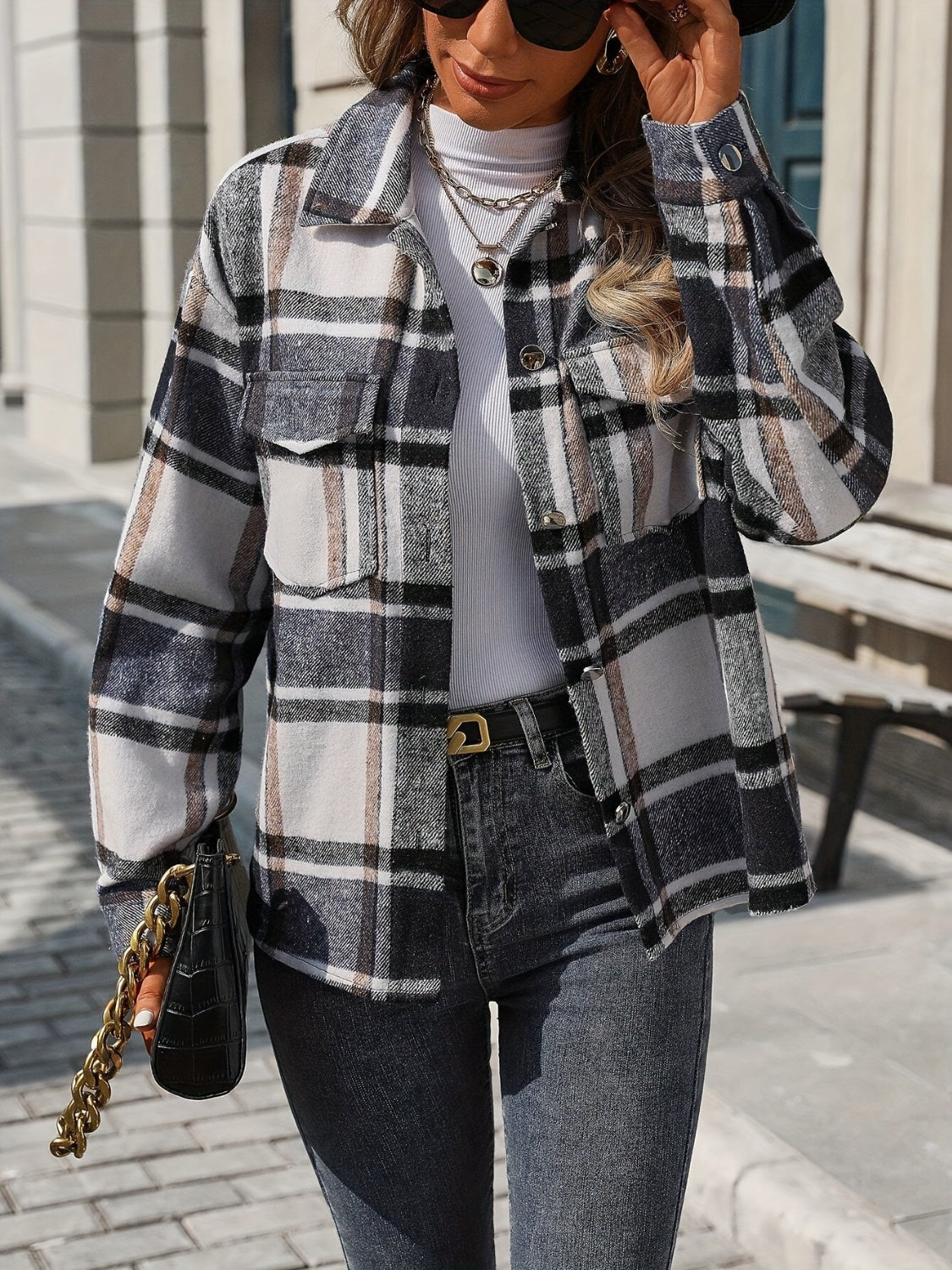 Plaid Button Up Drop Shoulder Jacket - felvior