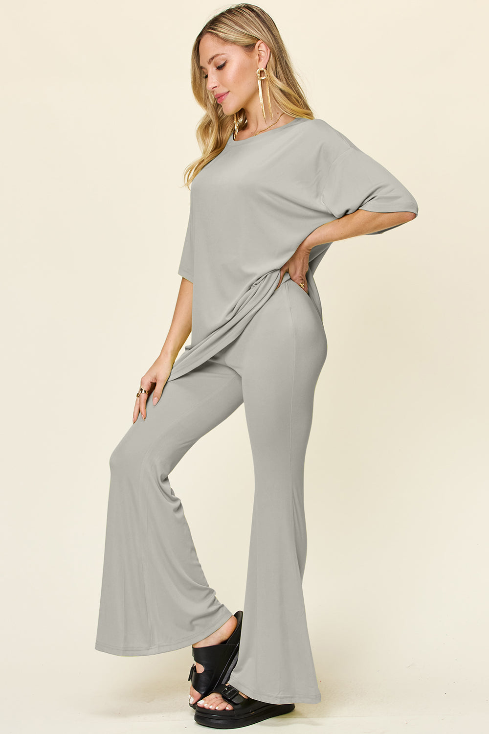 Double Take Full Size Round Neck Drop Shoulder T-Shirt and Flare Pants Set - felvior