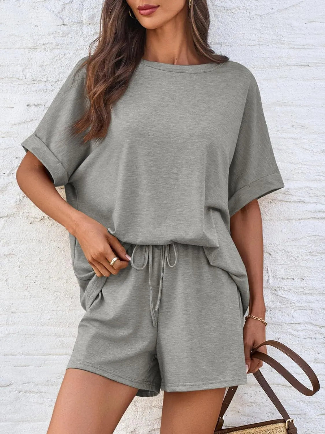 Round Neck Short Sleeve Top and Shorts Set