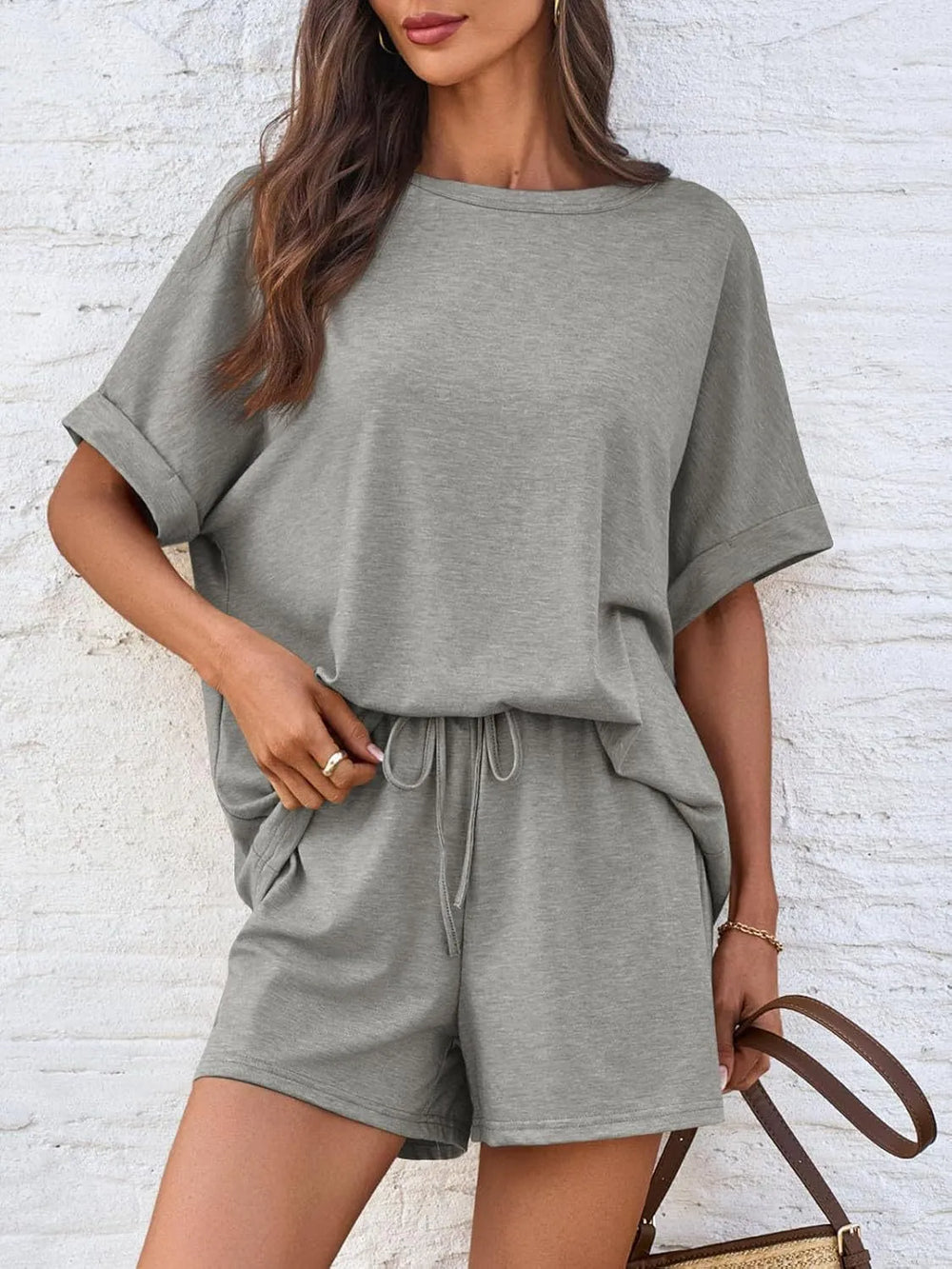 Round Neck Short Sleeve Top and Shorts Set