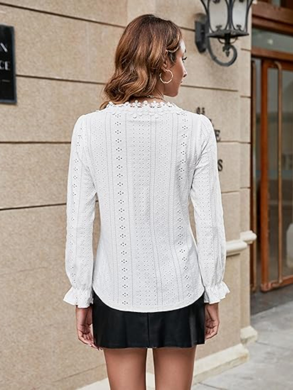 Lace Detail Eyelet V-Neck Flounce Sleeve Blouse - felvior