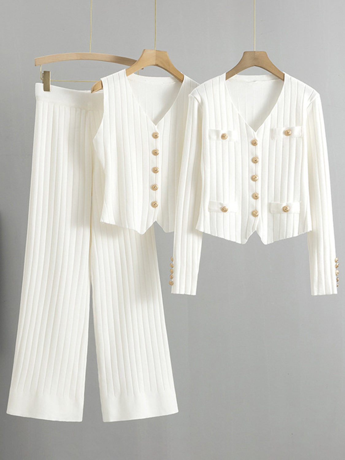 V-Neck Tank, Cardigan and Pants Three-Piece Sweater Set - felvior