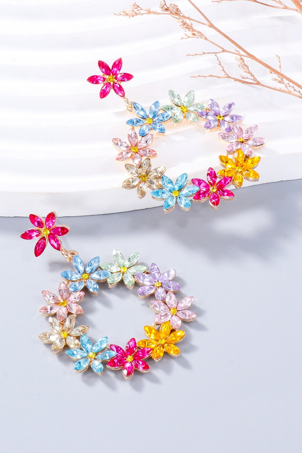 Rhinestone Flower Dangle Earrings - felvior