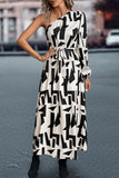 Printed One-Shoulder Tie Waist Dress - felvior