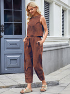 Plaid Sleeveless Top and Pants Set