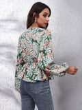 Floral V-Neck Balloon Sleeve Peplum Blouse - felvior
