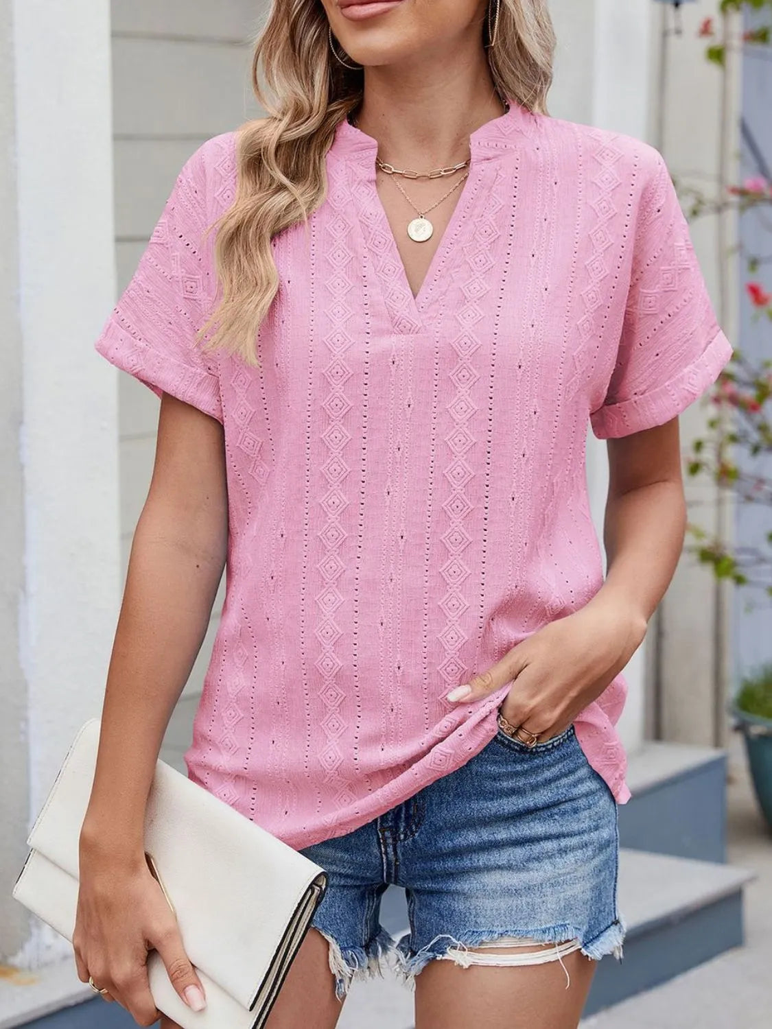 Eyelet Notched Short Sleeve Top