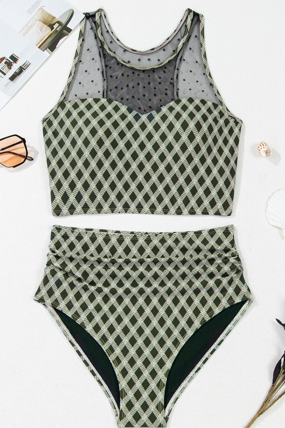 Dotted Mesh Plaid Patchwork High Waisted Swim Set