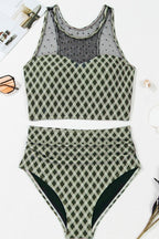 Dotted Mesh Plaid Patchwork High Waisted Swim Set