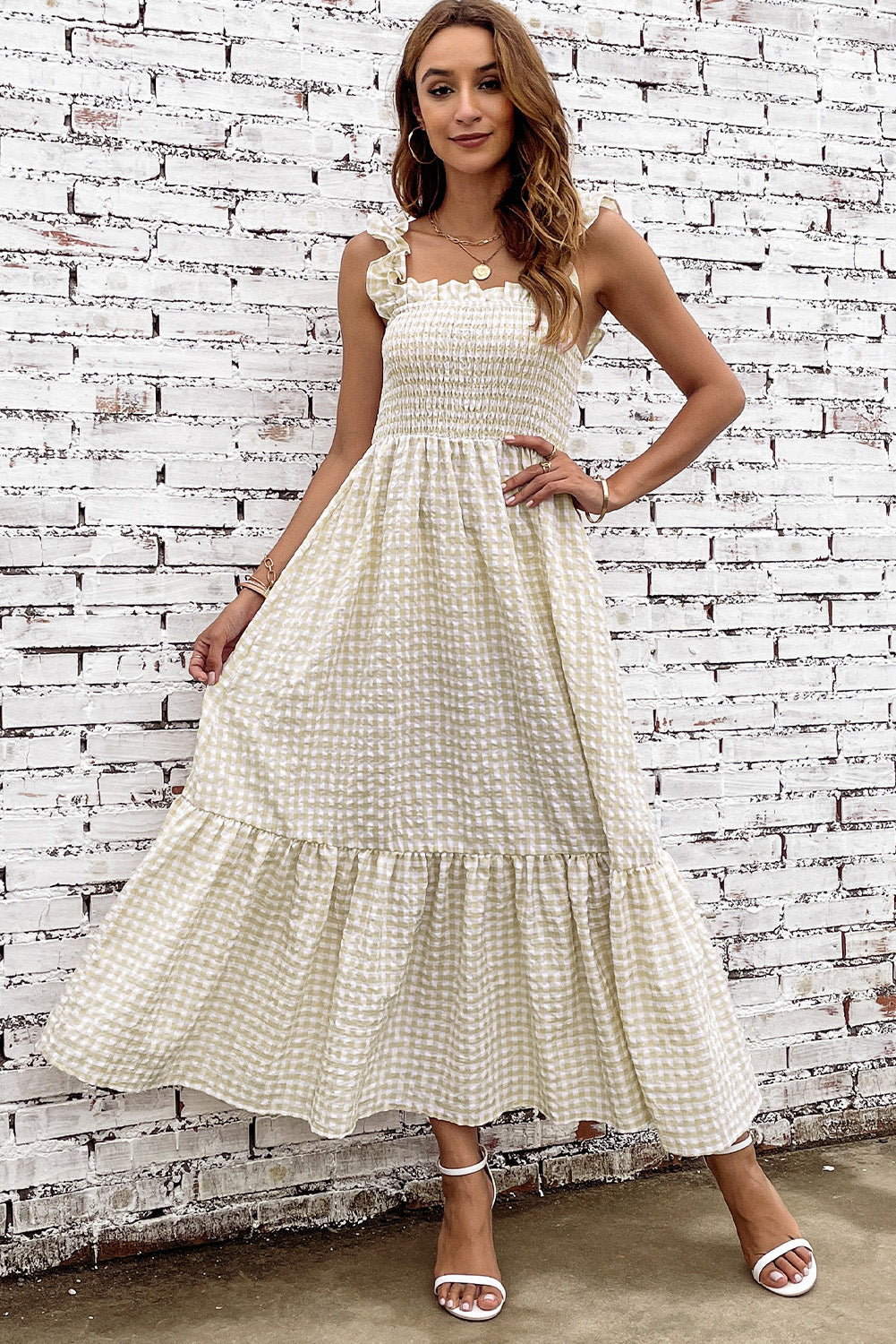 Plaid Ruffle Strap Square Neck Dress - felvior
