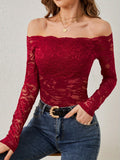 Off-Shoulder Long Sleeve Lace Top - felvior