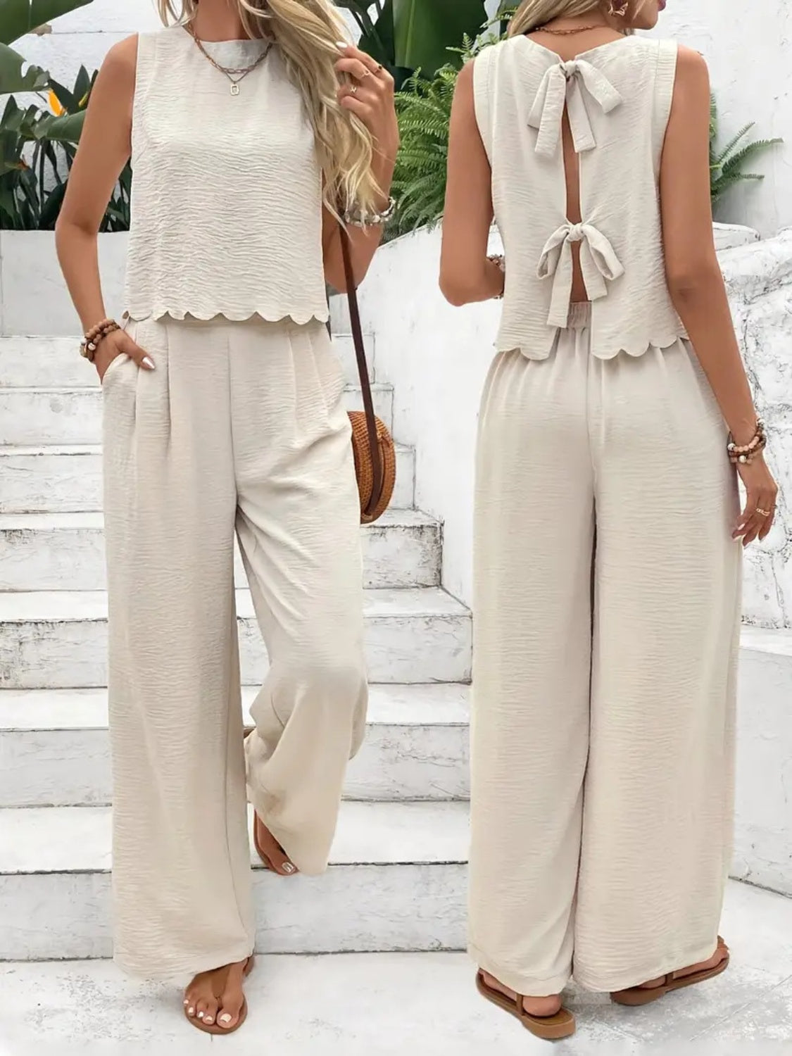Tie Back Round Neck Top and Pants Set - felvior