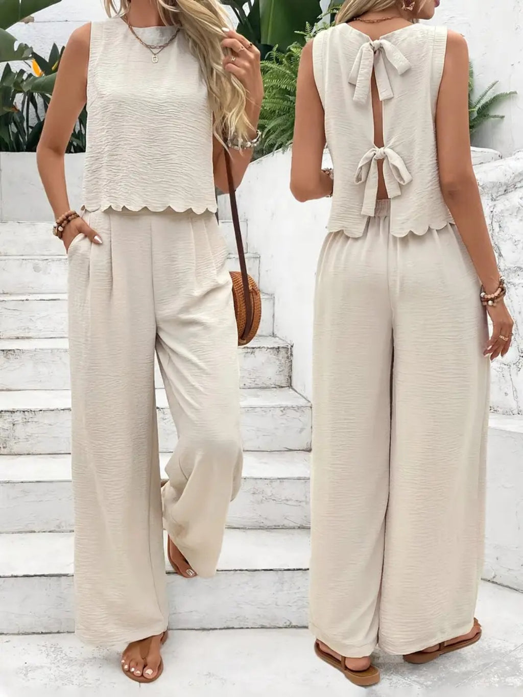 Tie Back Round Neck Top and Pants Set