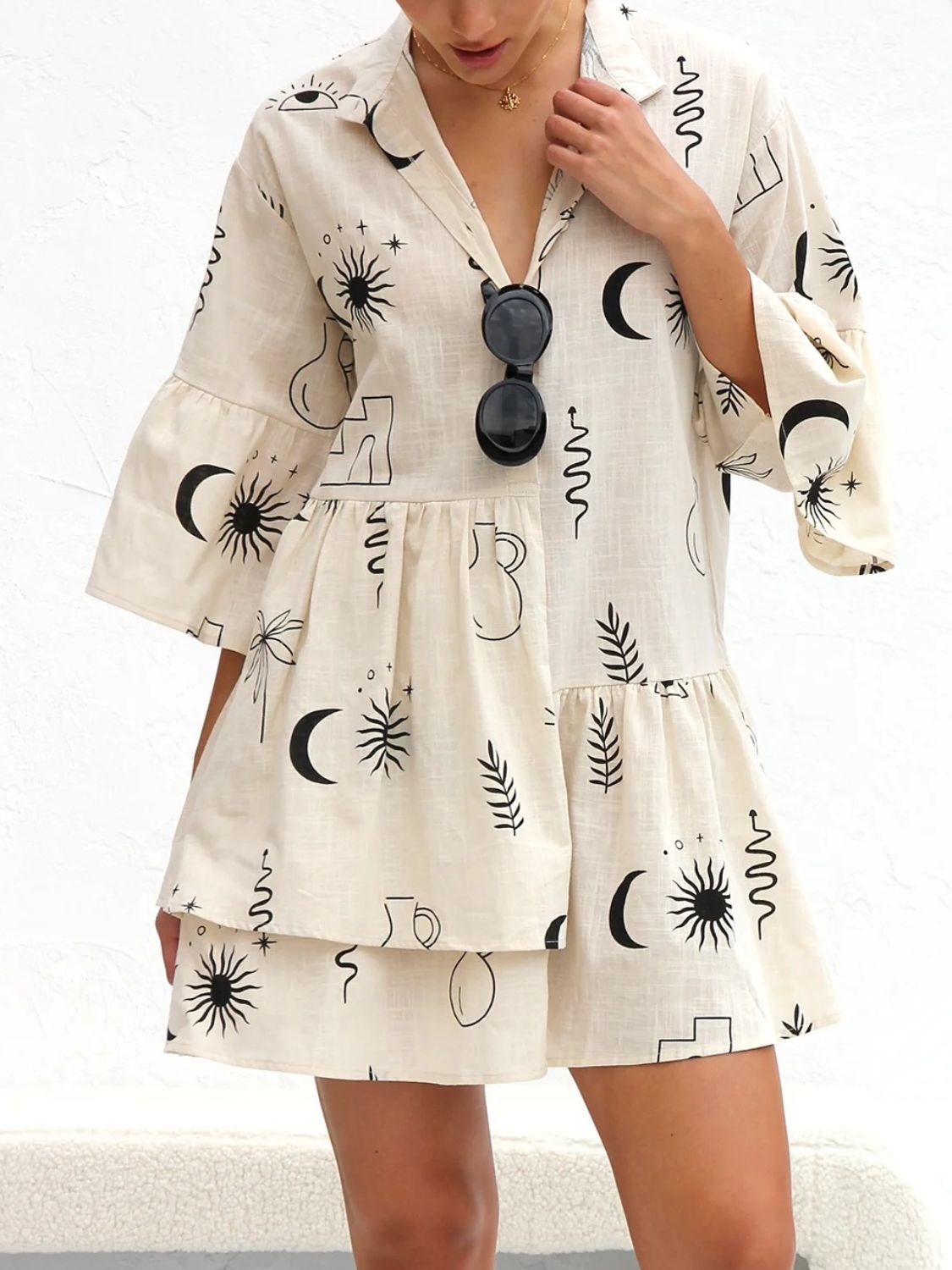 Printed Collared Neck Three-Quarter Sleeve Mini Dress Main image