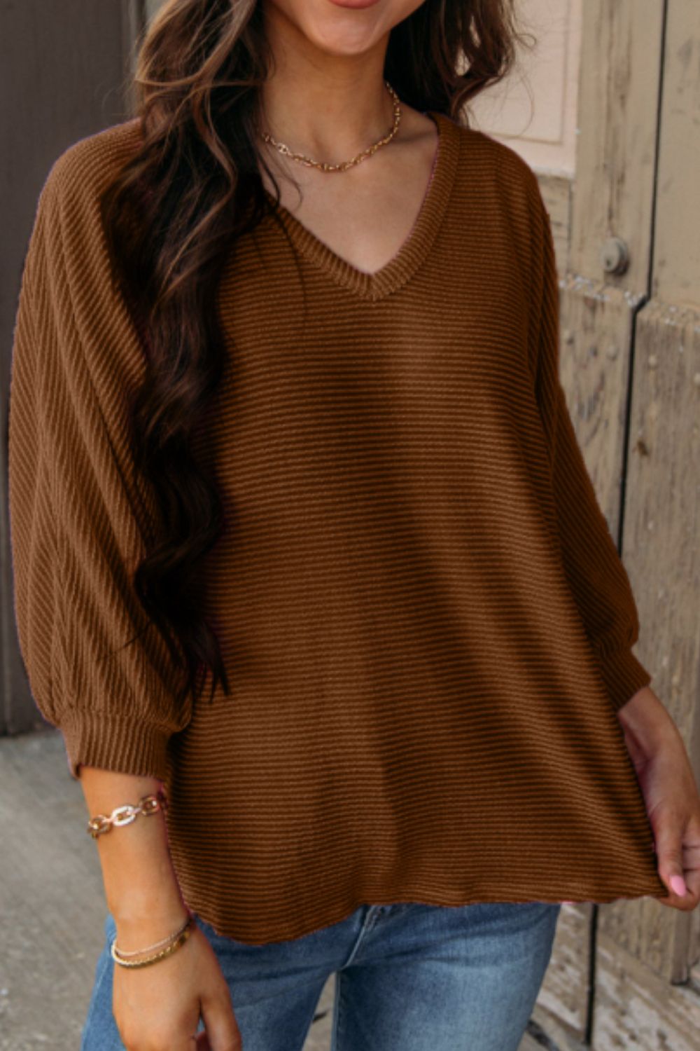 Texture V-Neck Long Sleeve Top - felvior