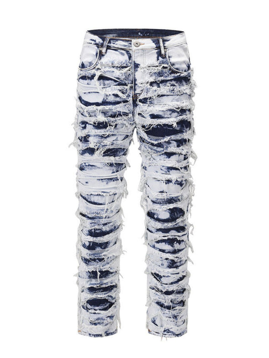 Men's Distressed Raw Hem Straight Jeans - felvior