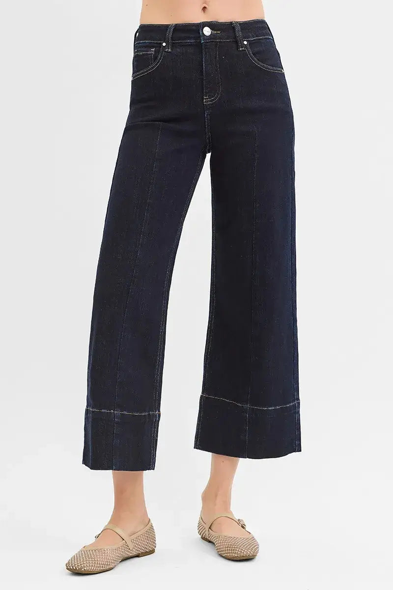 RISEN Tummy Control High Rise Crop Wide Seam Detailed Jeans