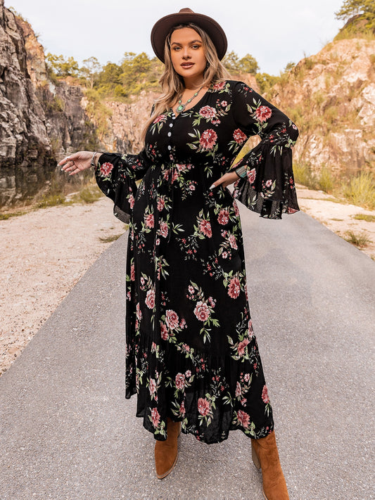 Plus Size Floral Flare Sleeve Dress - felvior