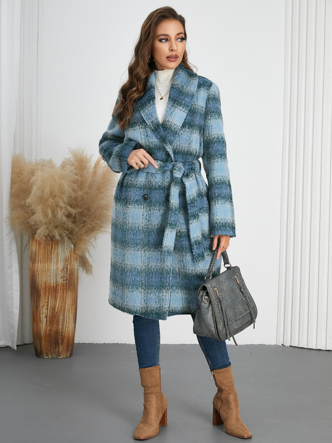 Plaid Tie Waist Long Sleeve Coat - felvior