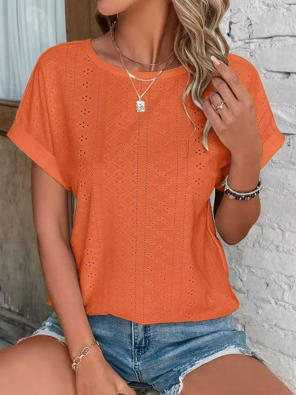 Eyelet Round Neck Short Sleeve Top