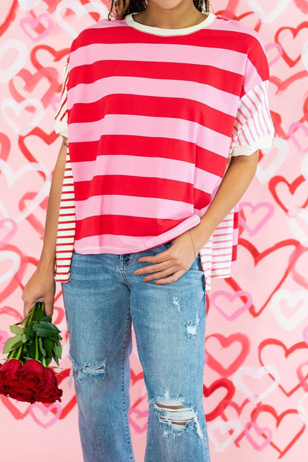 Stripe Side Slit Round Neck T-Shirt