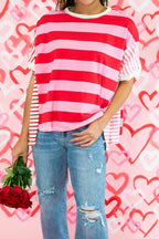 Stripe Side Slit Round Neck T-Shirt