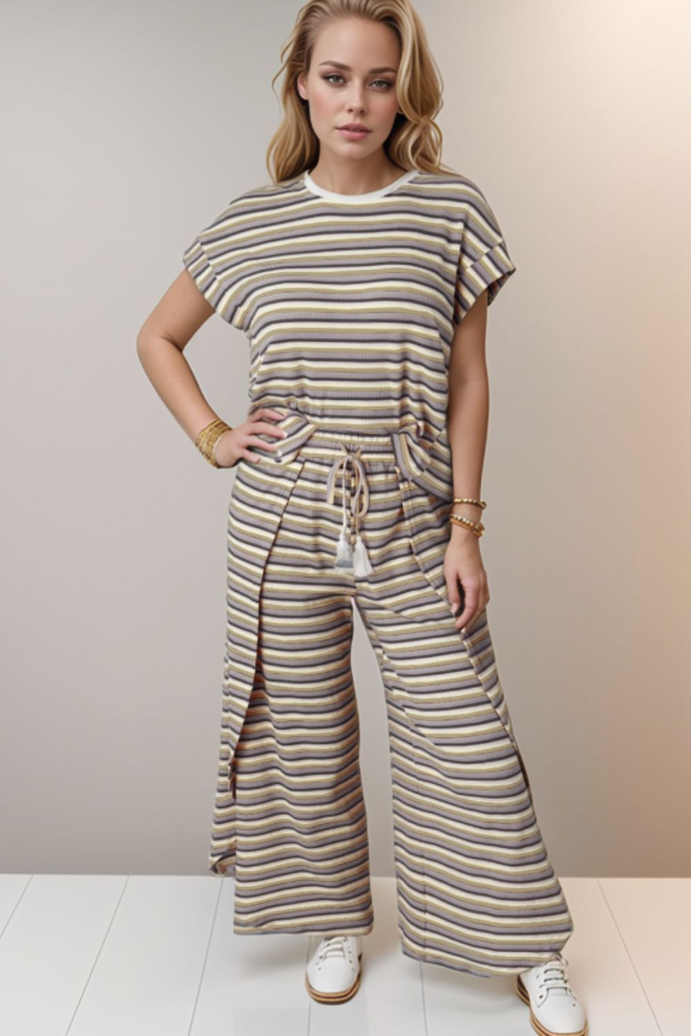 Striped Round Neck Short Sleeve Top and Pants Set - felvior