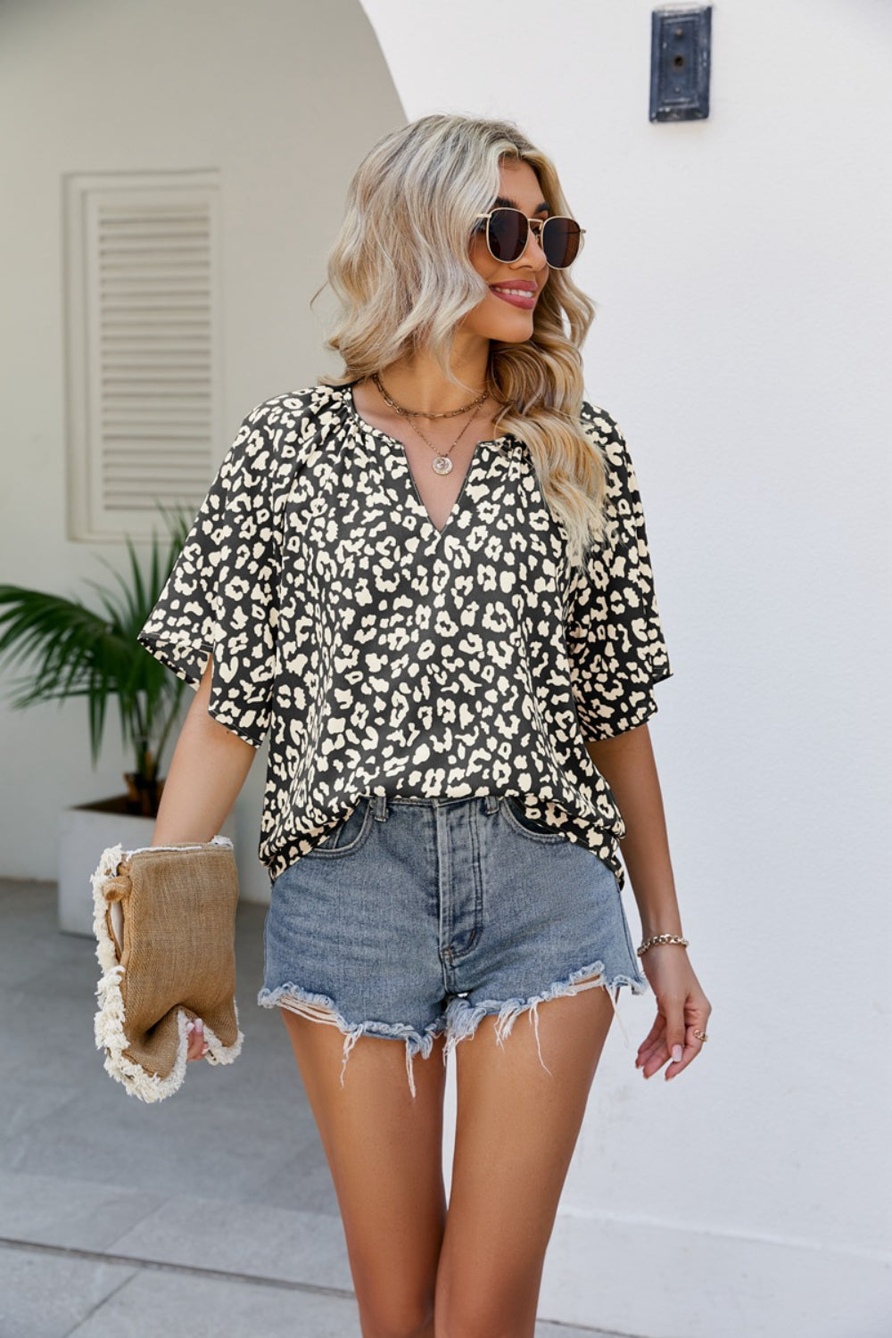 Leopard Notched Half Sleeve Blouse - felvior
