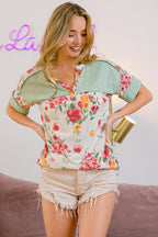 BiBi Floral Button Detail Round Neck Short Sleeve Terry T-Shirt