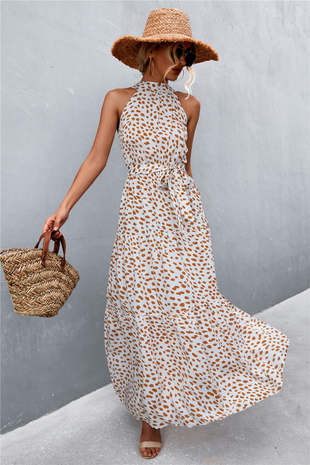 Printed Sleeveless Tie Waist Maxi Dress - felvior
