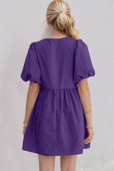 Oh Bow Ruched Puff Sleeve Mini Dress - felvior