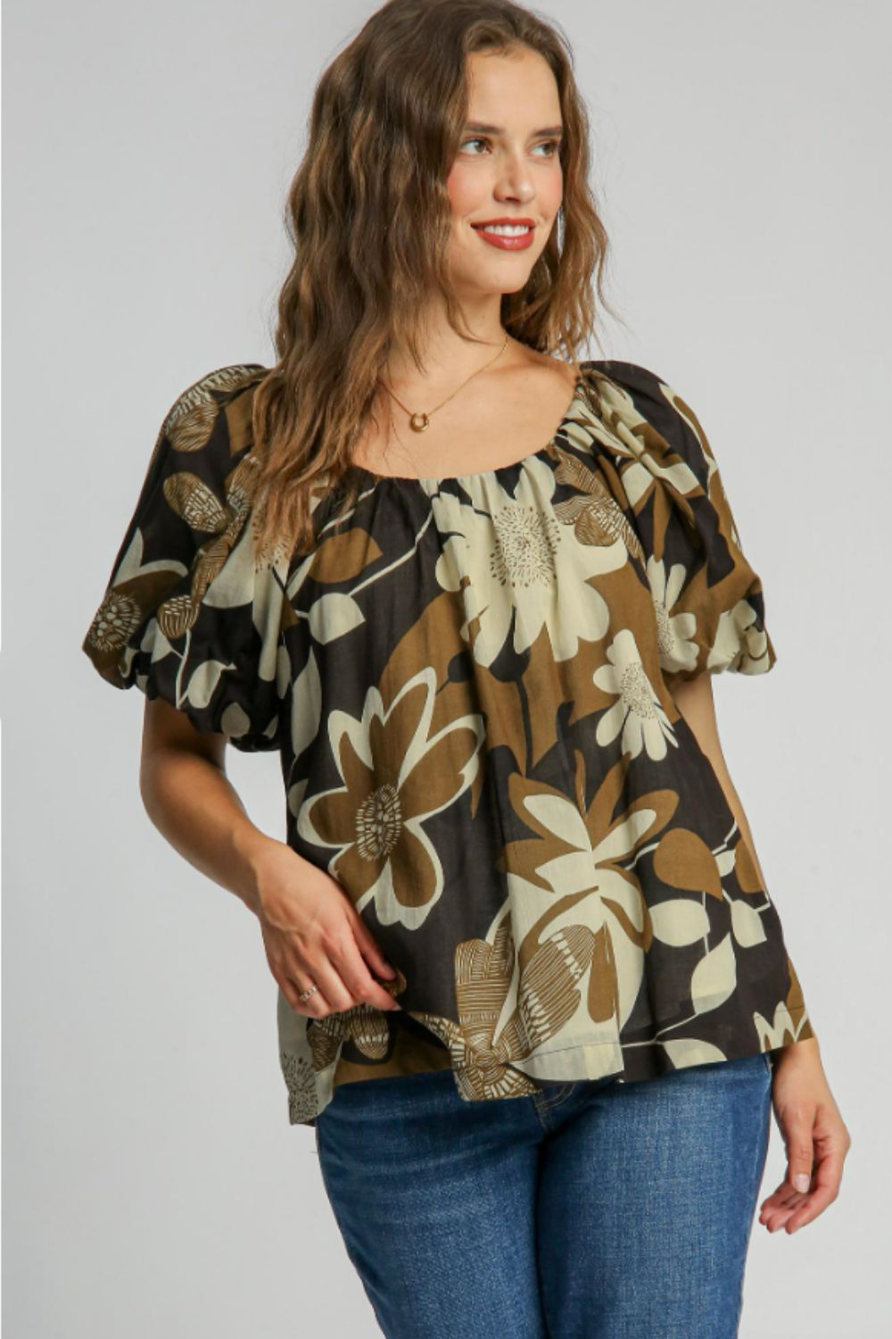 Umgee Full Size Print Round Neck Puff Sleeve Top Plus Size - felvior