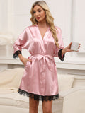 Tied Lace Detail Three-Quarter Sleeve Lounge Nightgown - felvior