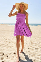 Davi & Dani Smocking Halter Neck Tie Open Back Mini Dress