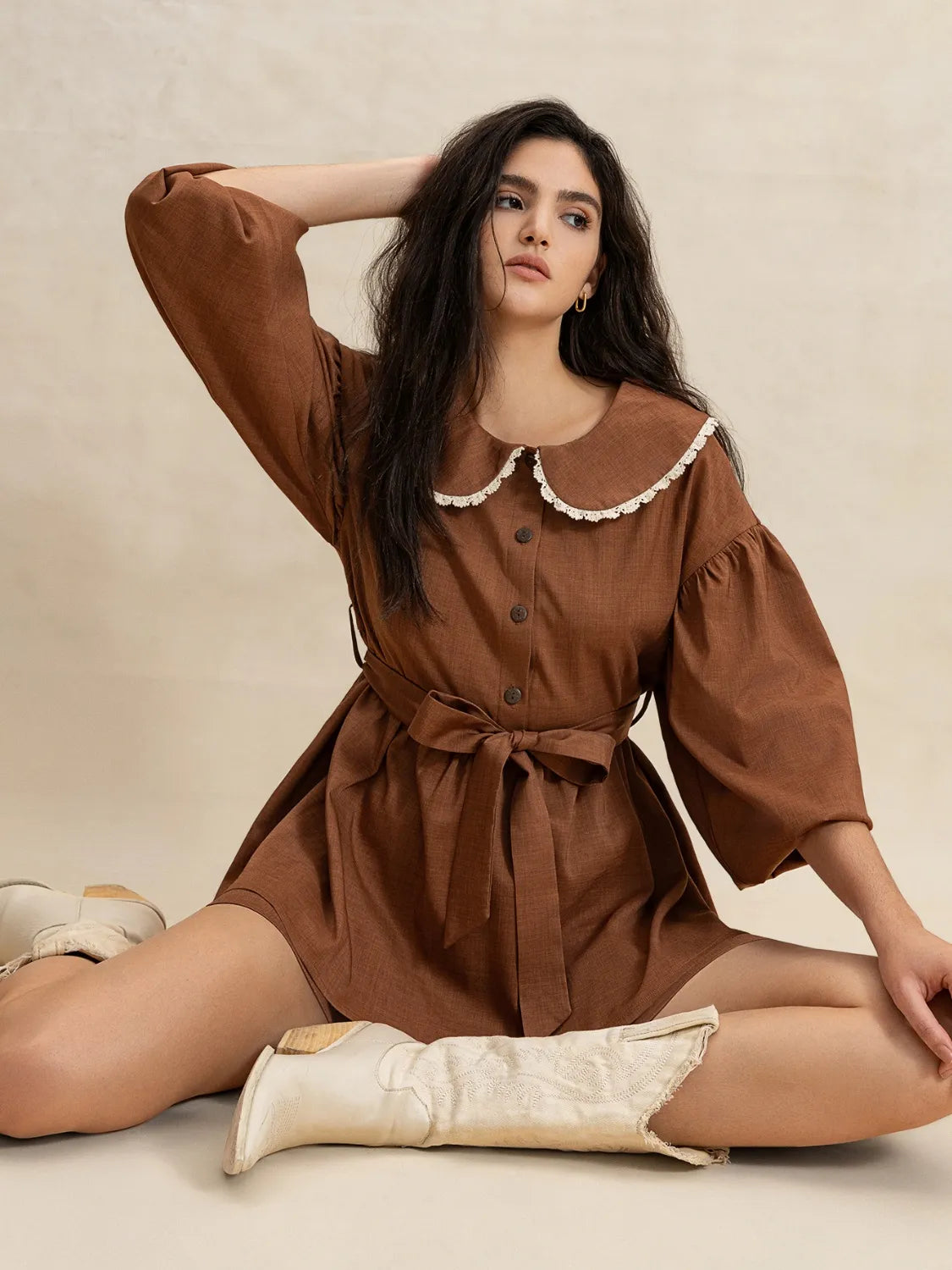 Peter Pan Collar Balloon Sleeve Top and Shorts Set - felvior