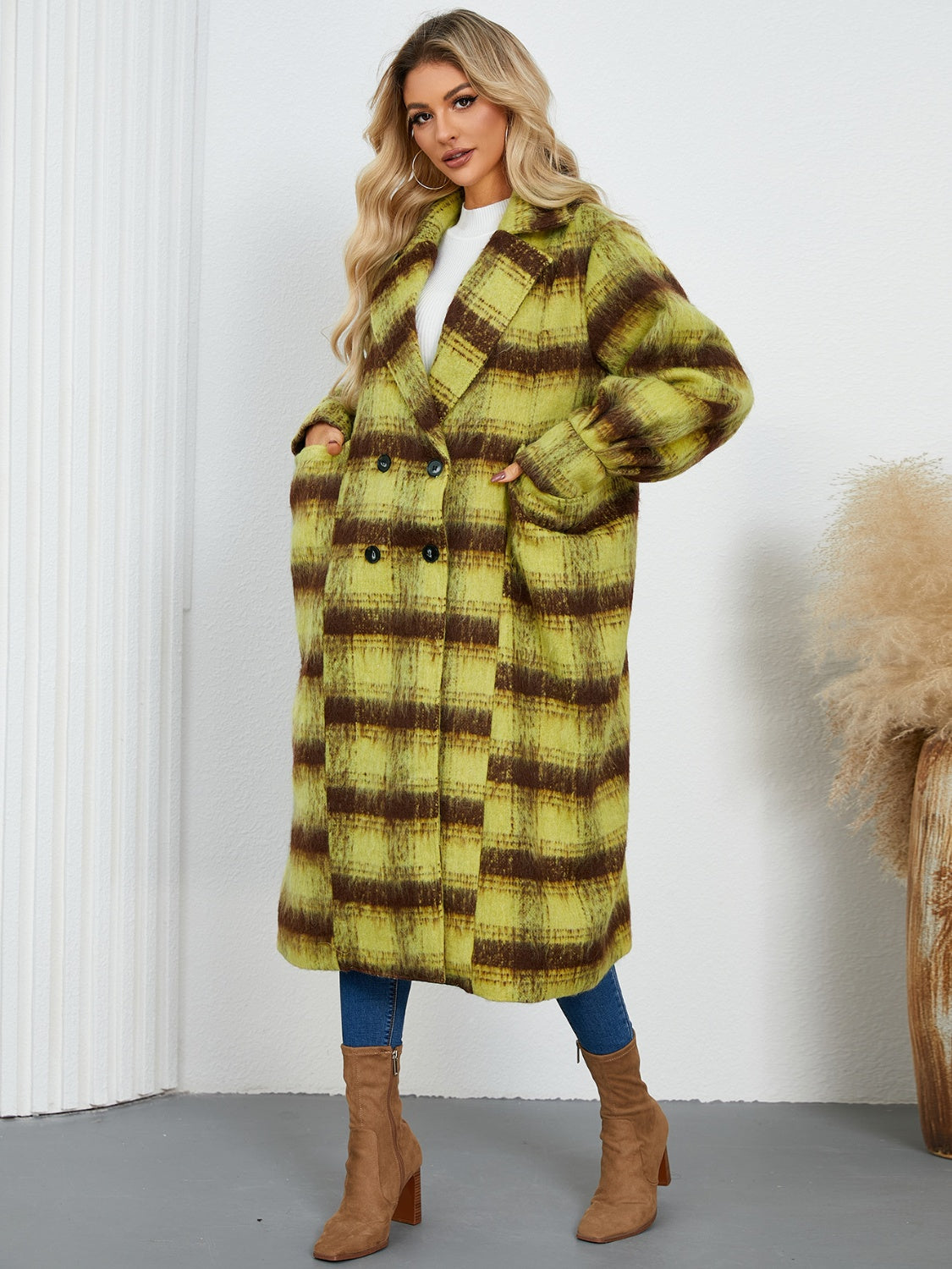 Contrast Double-Breasted Long Sleeve Longline Coat - felvior