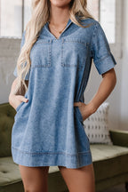 Short Sleeve Collared Patched Pocket Denim Mini Dress