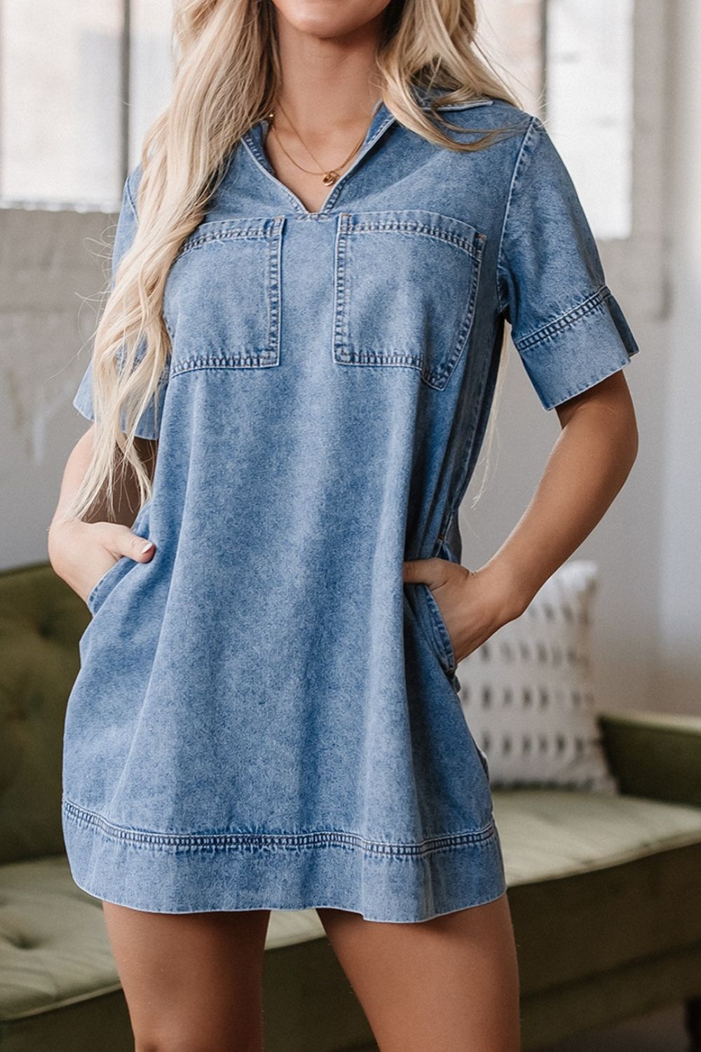 Short Sleeve Collared Patched Pocket Denim Mini Dress