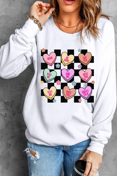 Valentine's Day Checkered Heart Long Sleeve Sweatshirt - felvior
