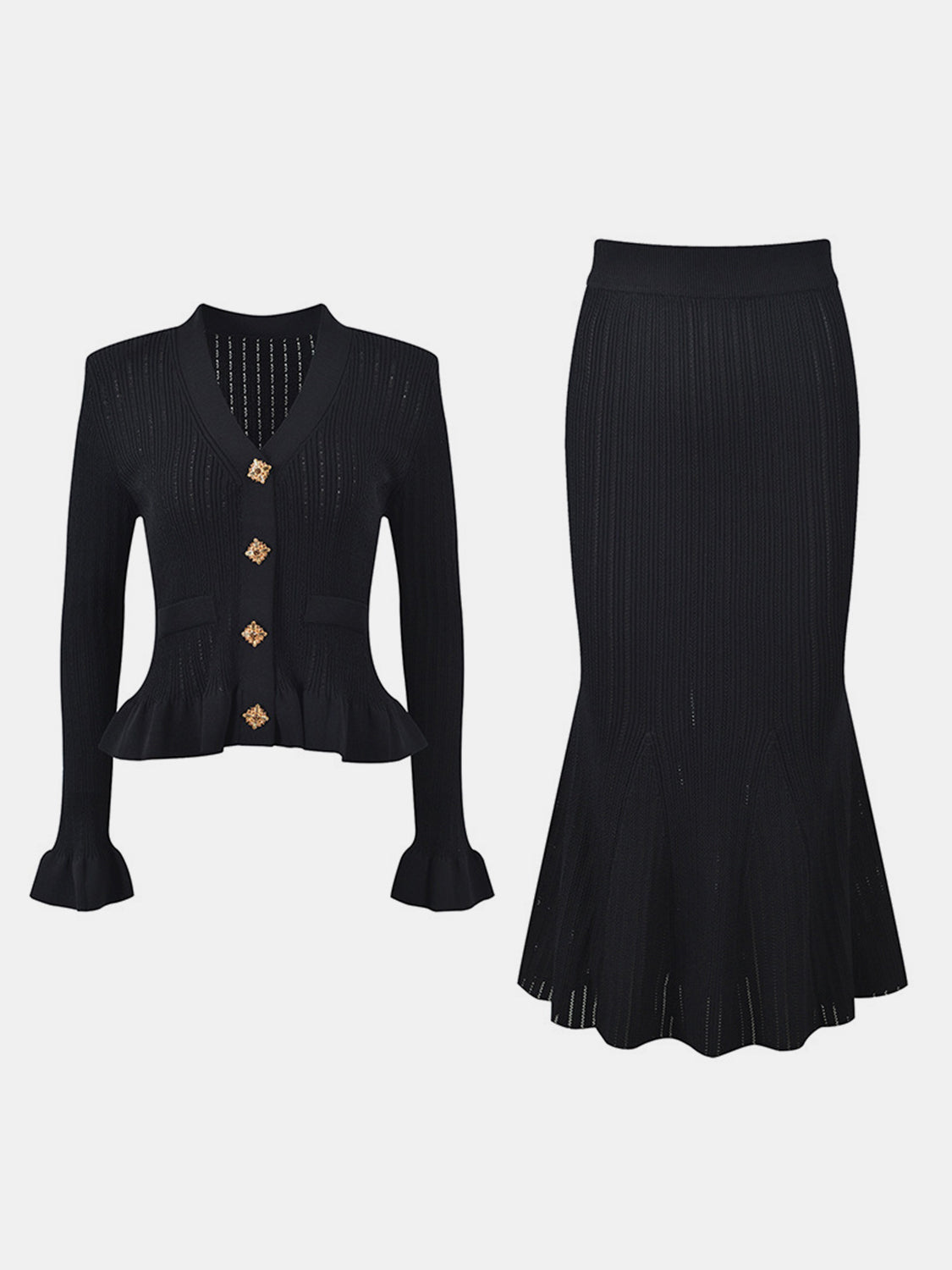 Ruffled V-Neck Top and Midi Skirt Sweater Set - felvior