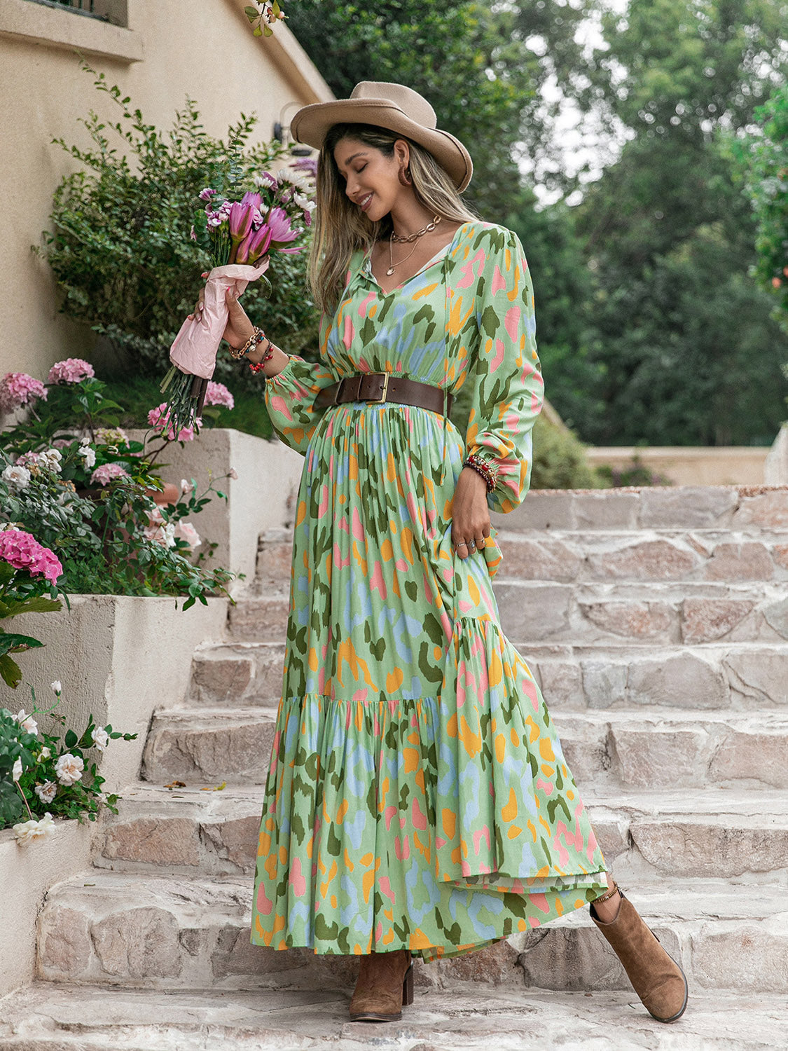 Printed Tie Neck Long Sleeve Maxi Dress - felvior