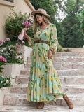 Printed Tie Neck Long Sleeve Maxi Dress - felvior